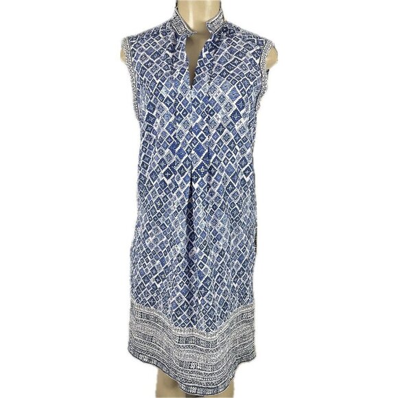 Studio M S Blue Geometric Print Split Neckline Mandarin Collar Sleeveless Dress - Picture 2 of 6